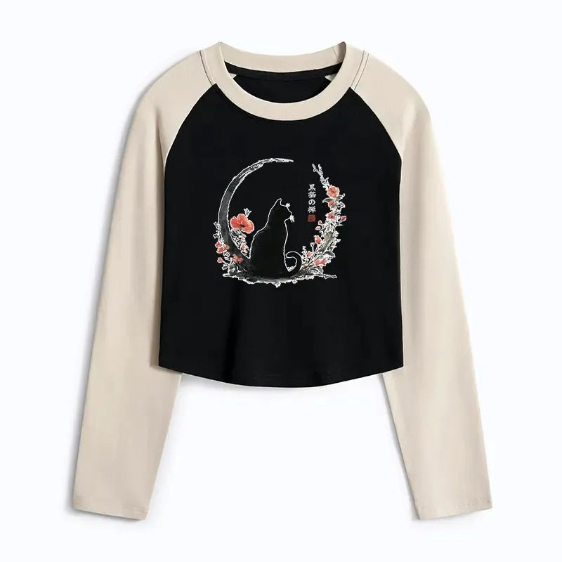 Japanese Ukiyo-e Black Cat Crop Raglan T-Shirt