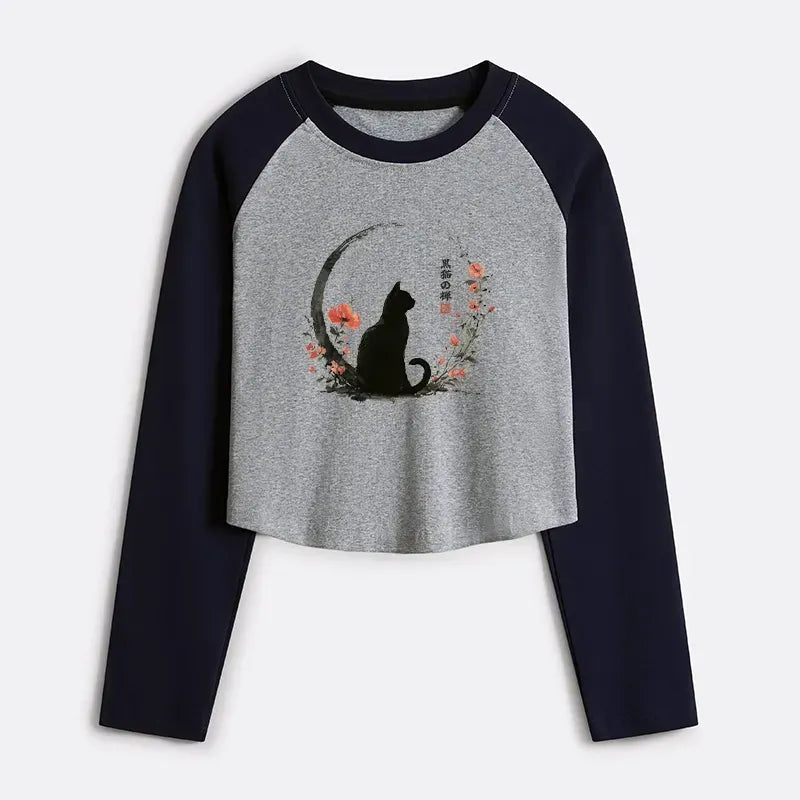 Japanese Ukiyo-e Black Cat Crop Raglan T-Shirt