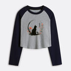 Japanese Ukiyo-e Black Cat Crop Raglan T-Shirt