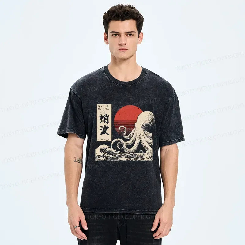 Kyoto-Lion Retro Octopus Wave Washed T-Shirt