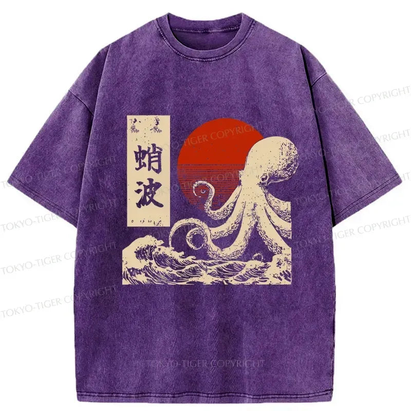 Kyoto-Lion Retro Octopus Wave Washed T-Shirt