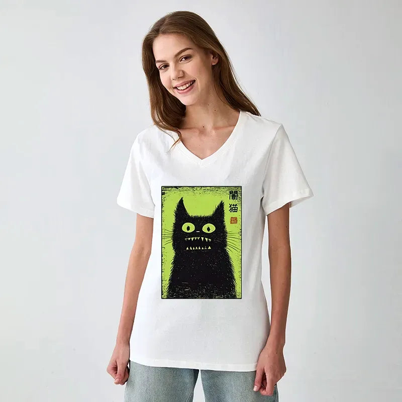 Japanese black cat v-neck t-shirt