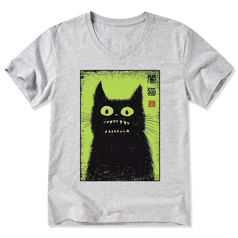 Japanese black cat v-neck t-shirt