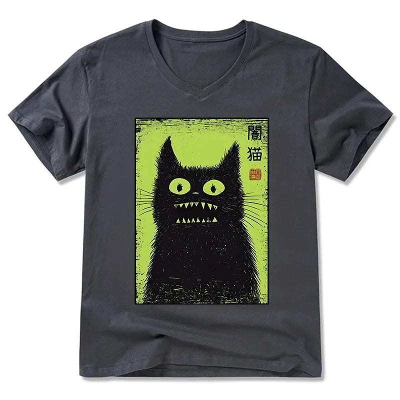 Kyoto-Lion Spooky Black Cat Japanese V-Neck Classic T-Shirt