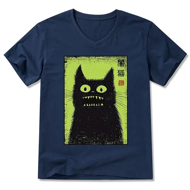 Japanese black cat v-neck t-shirt