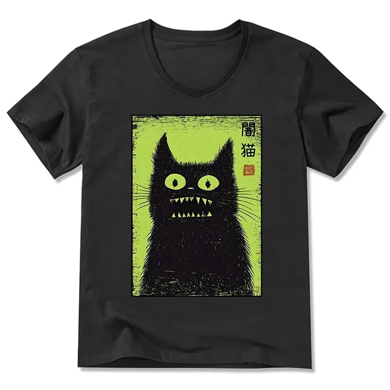 Japanese black cat v-neck t-shirt