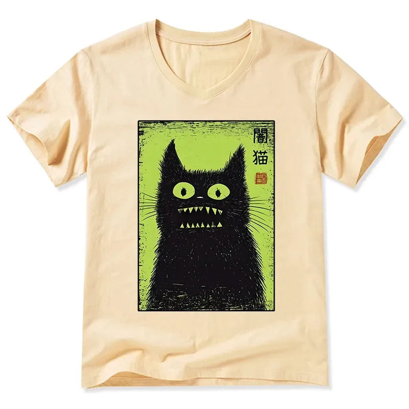 Japanese black cat v-neck t-shirt