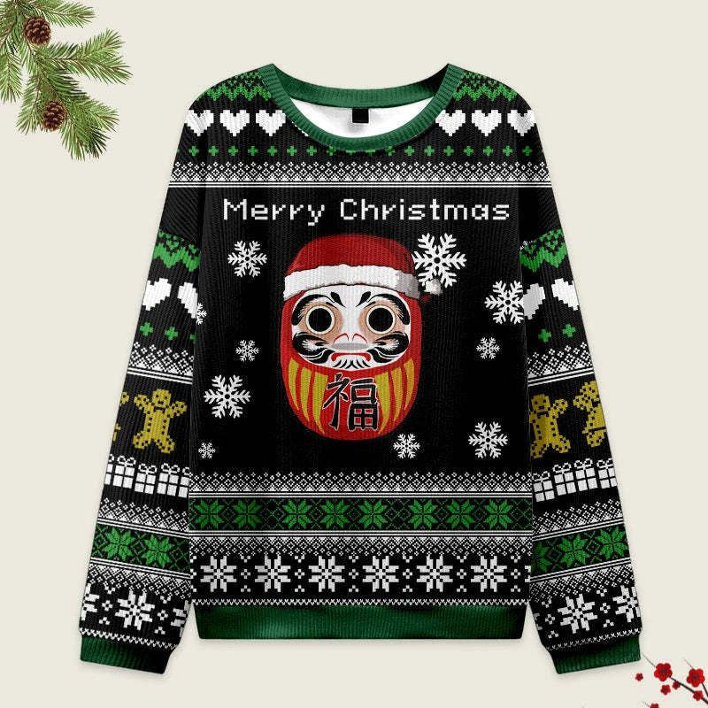 Kyoto-Lion Japanese Daruma Black Christmas Ugly Sweatshirt