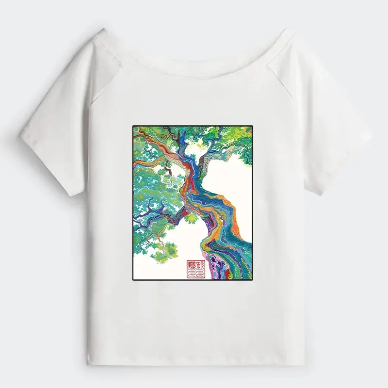 Kyoto-Lion Colorful Magic Tree Off Shoulder T-Shirt