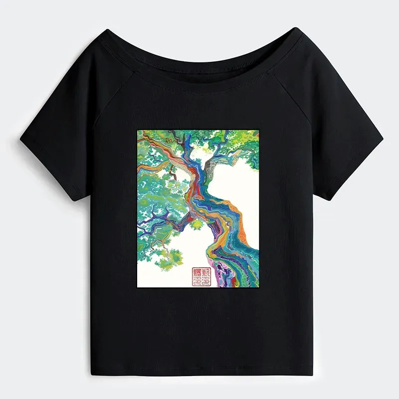 Colorful Magic Tree Off Shoulder T-Shirt