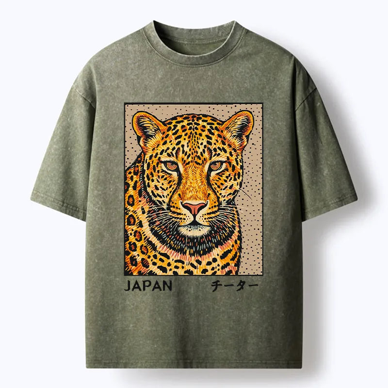 Kyoto-Lion Japanese Woodblock Leopard Washed T-Shirt