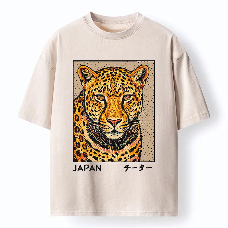 Kyoto-Lion Japanese Woodblock Leopard Washed T-Shirt