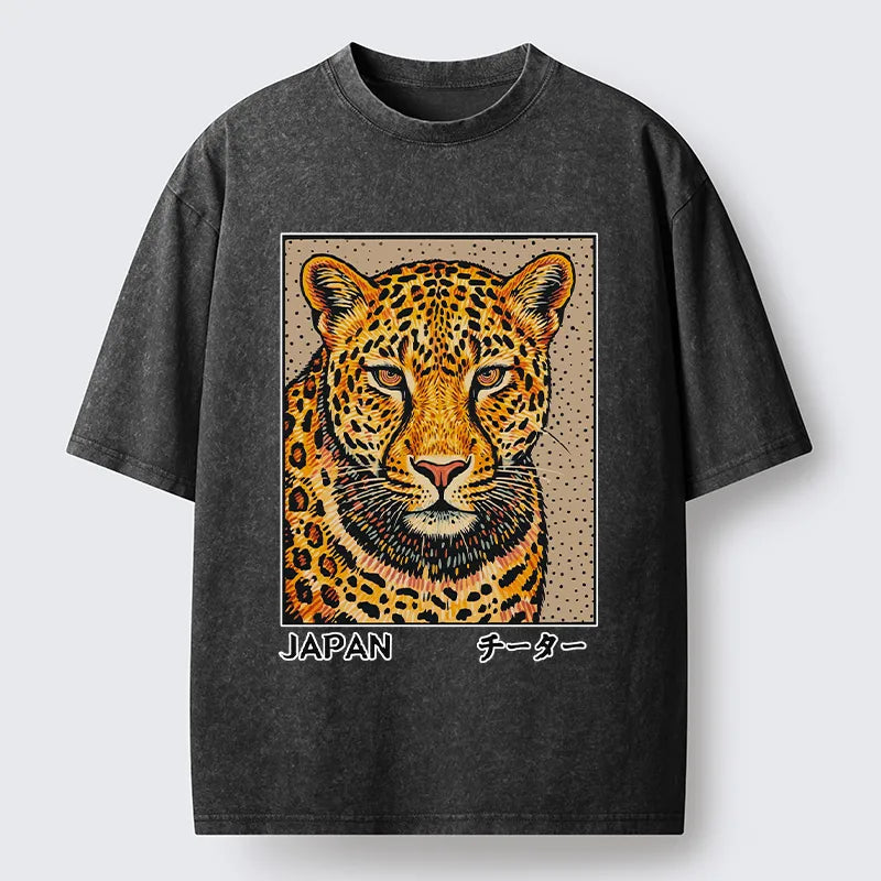 Kyoto-Lion Japanese Woodblock Leopard Washed T-Shirt