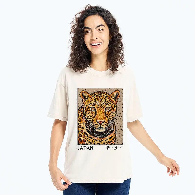 Kyoto-Lion Japanese Woodblock Leopard Washed T-Shirt