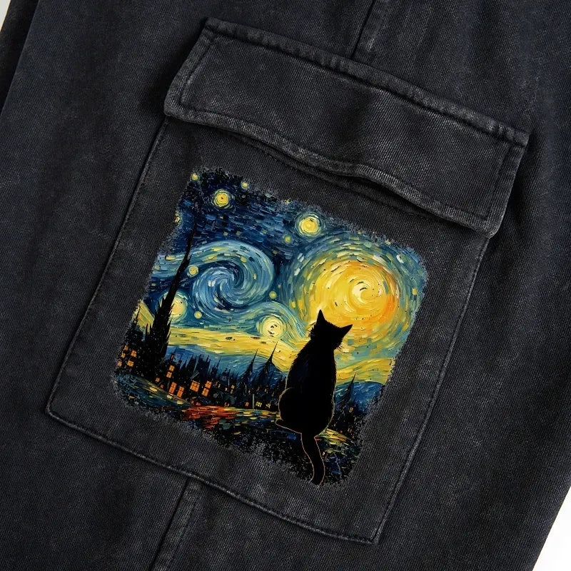 Kyoto-Lion The Starry Night Cat Washed Utility Sweatpants