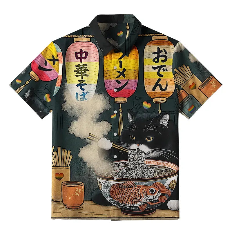 Kyoto-Lion Pride Fat Cat Eating Ramen Button-up Shirt