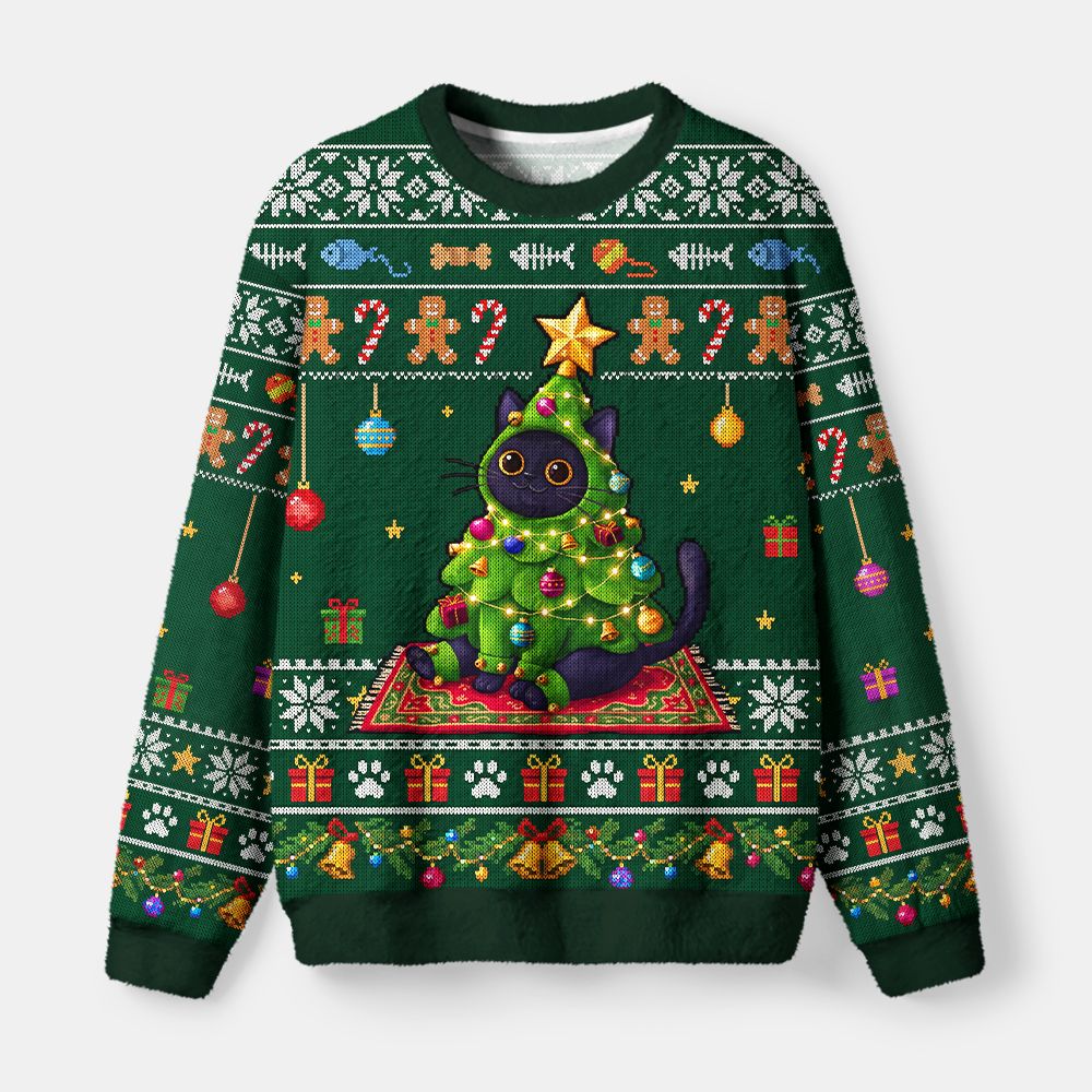 Kyoto-Lion Cute Christmas Tree Cat Fuzzy Christmas Ugly Sweatshirt