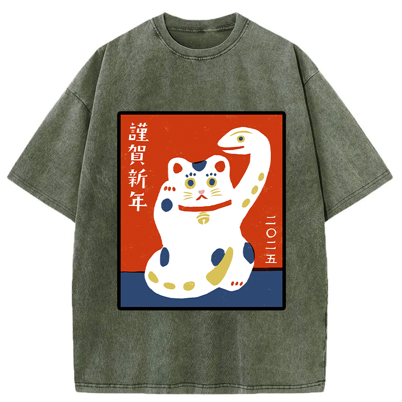 Kyoto-Lion Happy New Year With Lucky Cat Washed T-Shirt