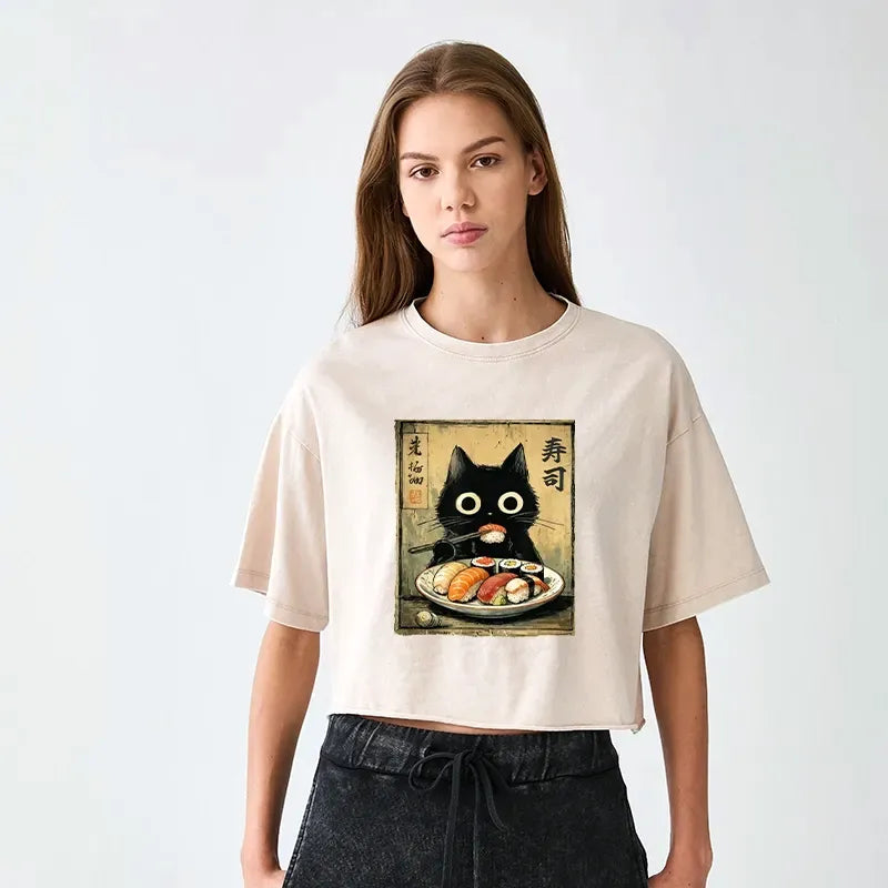 vintage japanese sushi cat crop top