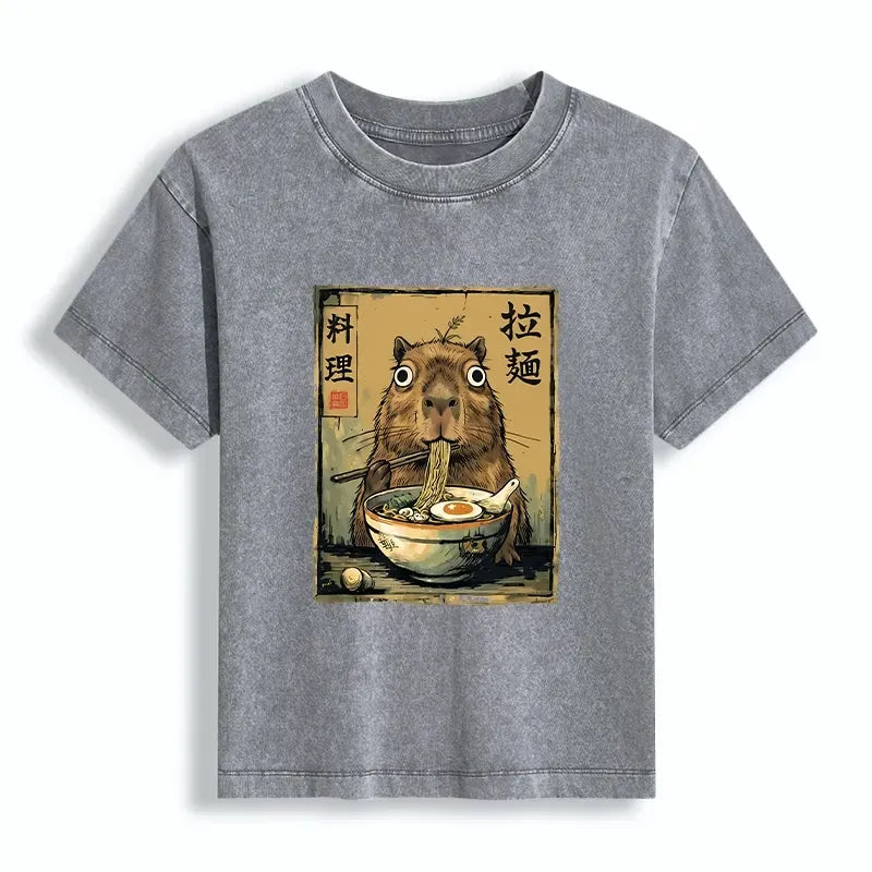 Kyoto-Lion Cute Capybara Eating Ramen Women's Washed T-shirt