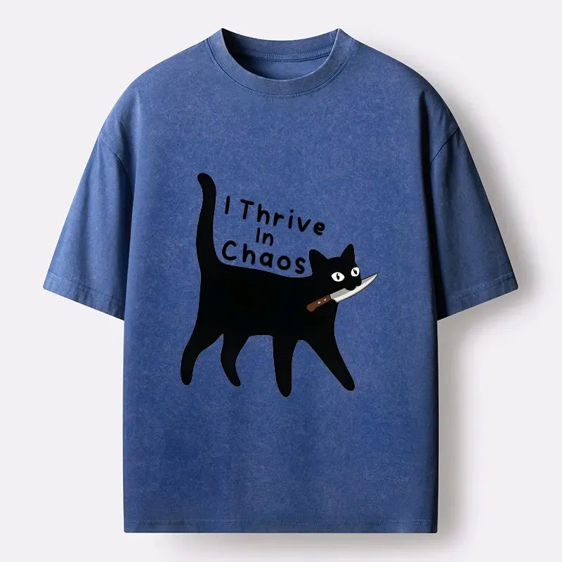 Kyoto-Lion Chaotic Black Cat With Knife Washed T-Shirt