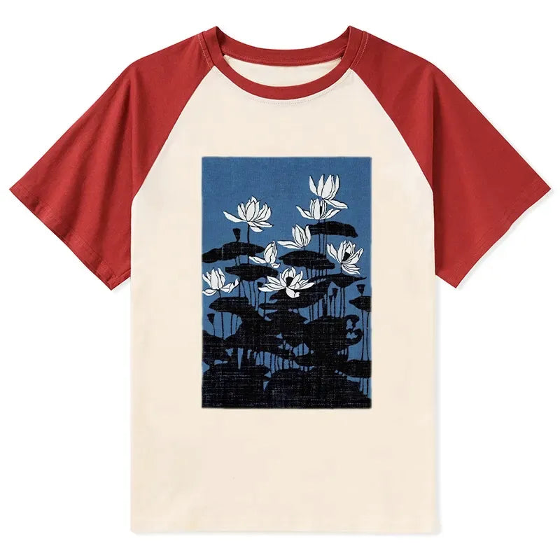 Kyoto-Lion Blue Lotus Japanese Art Raglan T-shirt