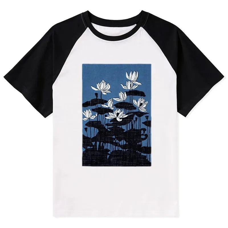 Kyoto-Lion Blue Lotus Japanese Art Raglan T-shirt