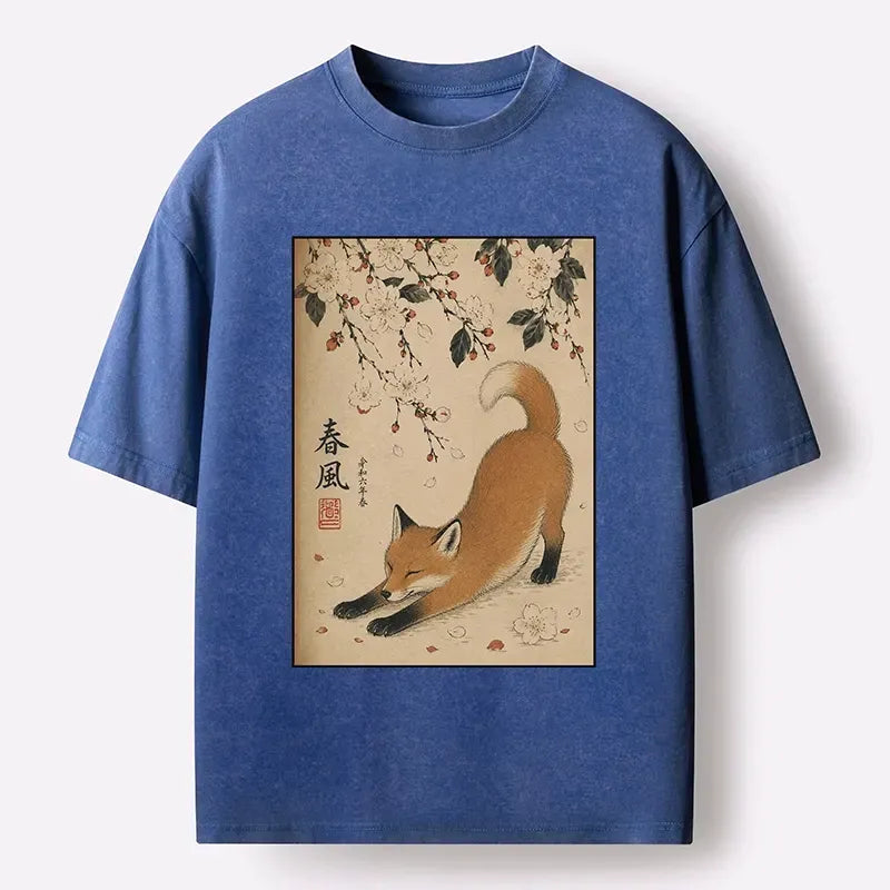 Kyoto-Lion Sakura Surrounds Relaxed Red Fox Washed T-Shirt