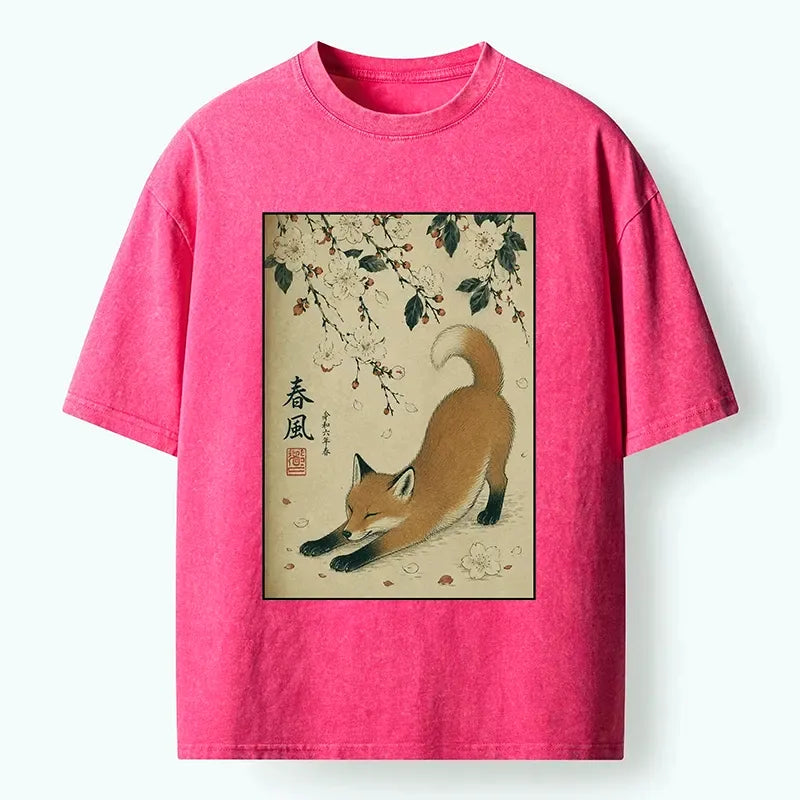 Kyoto-Lion Sakura Surrounds Relaxed Red Fox Washed T-Shirt
