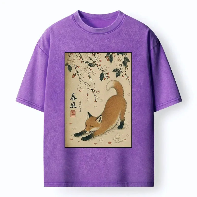 Kyoto-Lion Sakura Surrounds Relaxed Red Fox Washed T-Shirt