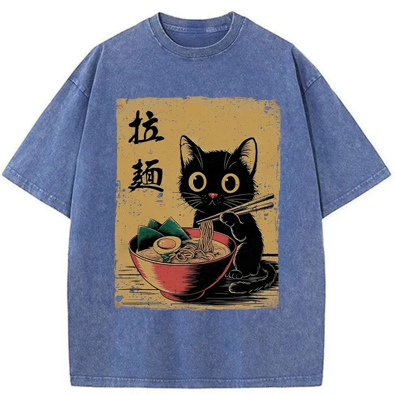 Kyoto-Lion Retro Black Cat Eating Ramen Washed T-Shirt