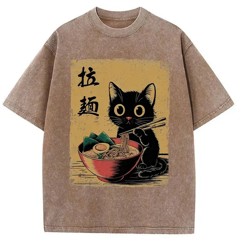 Kyoto-Lion Retro Black Cat Eating Ramen Washed T-Shirt