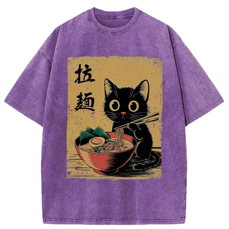 washed cat eating ramen tee