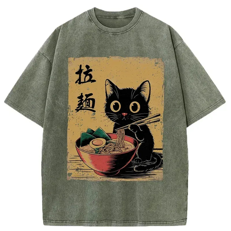 Kyoto-Lion Retro Black Cat Eating Ramen Washed T-Shirt