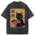 Kyoto-Lion Retro Black Cat Eating Ramen Washed T-Shirt