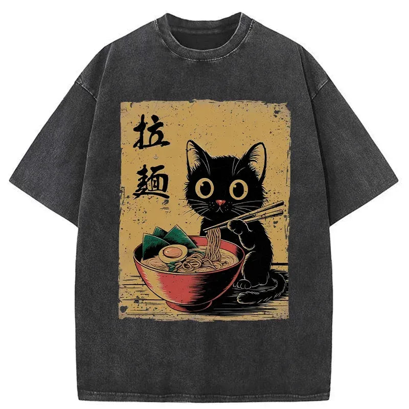Kyoto-Lion Retro Black Cat Eating Ramen Washed T-Shirt