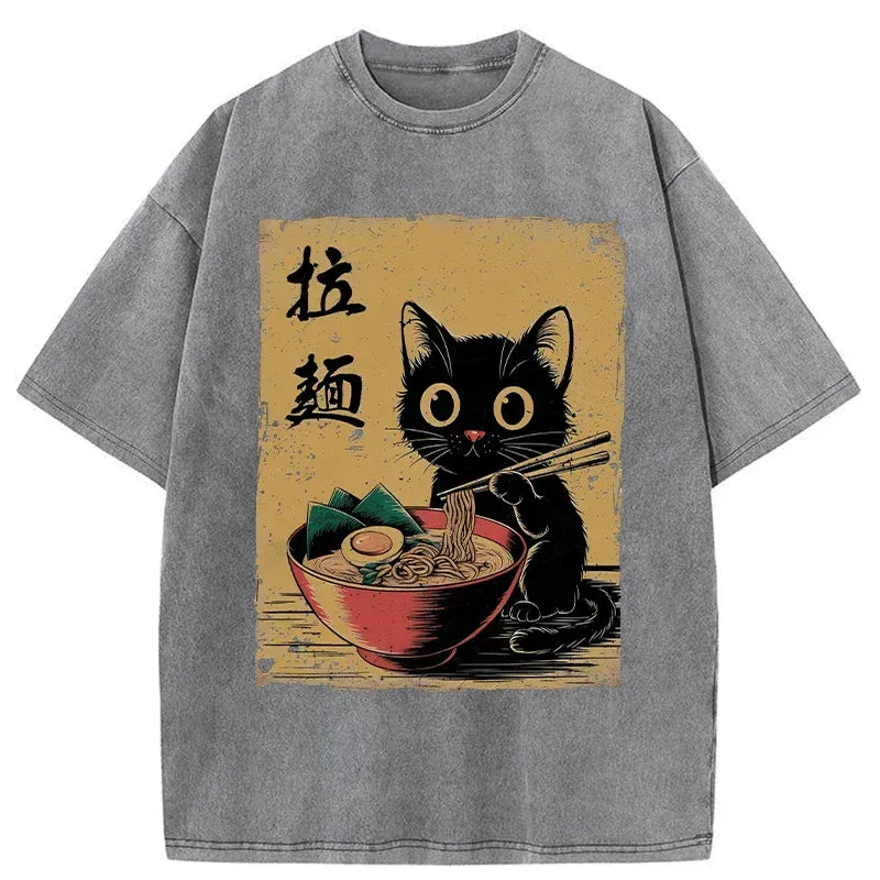 japanese retro black cat ramen t-shirt