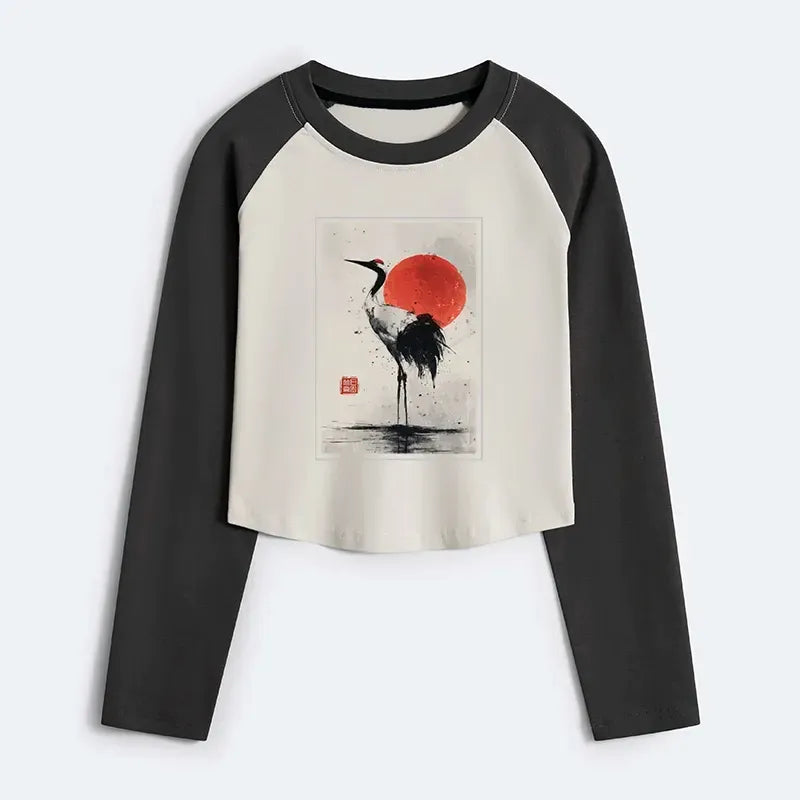 Kyoto-Lion Retro Japanese Red-crowned Crane Women's Crop Raglan T-Shirt