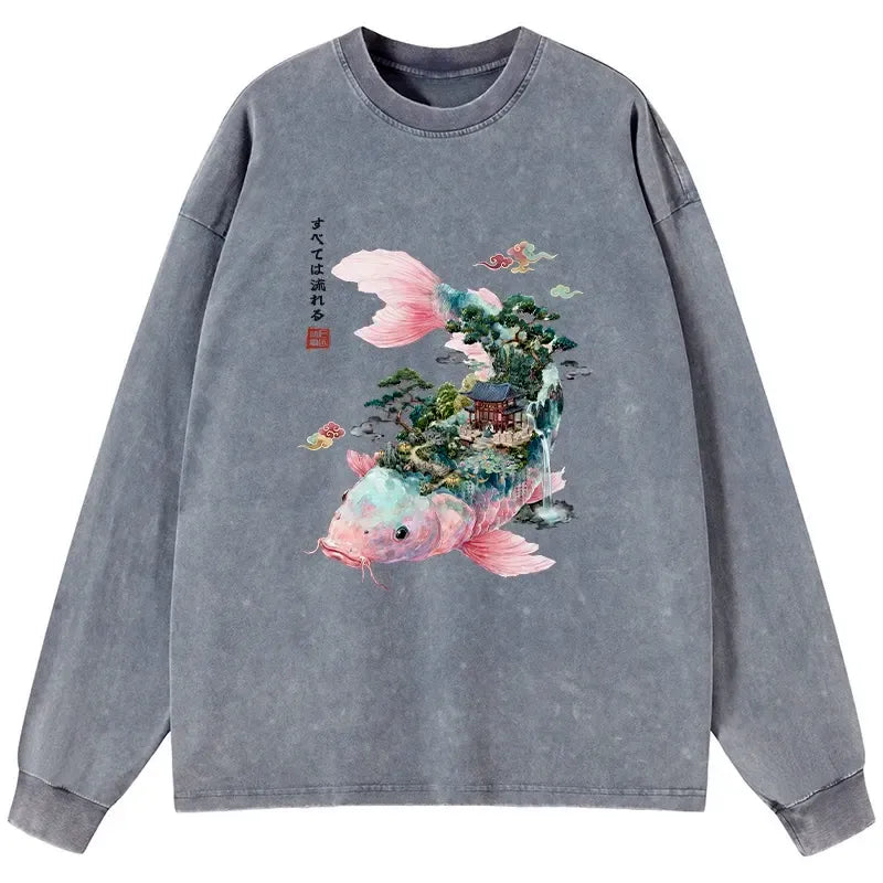 Kyoto-Lion Journey Of The Flowing Koi Washed Long Sleeve T-Shirt