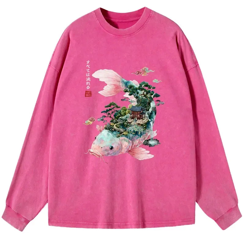 Kyoto-Lion Journey Of The Flowing Koi Washed Long Sleeve T-Shirt