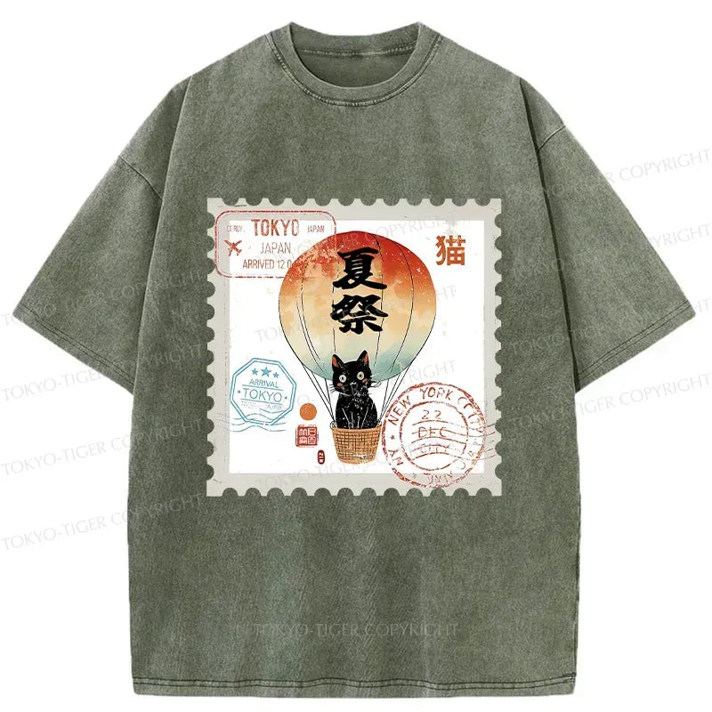 Kyoto-Lion Japanese Cat Stamp Washed T-Shirt