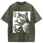 Japanese Cat Washed T-Shirt for Gift for Her