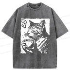 Japanese Cat Washed T-Shirt for Gift for Her