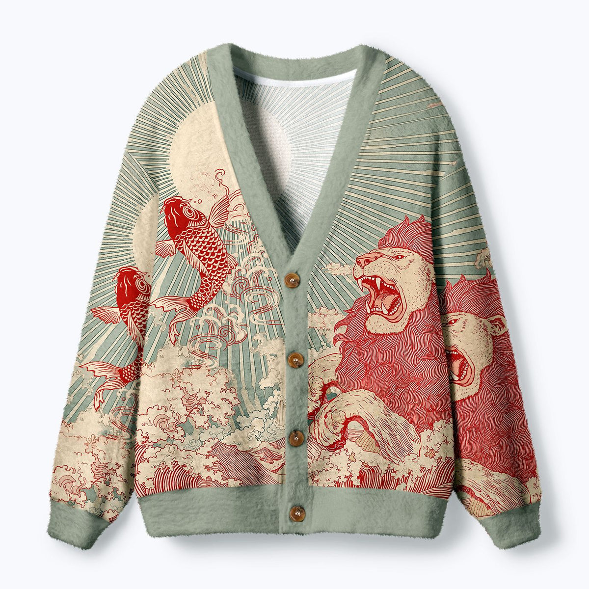 Kyoto-Lion Waves Of Lion And Koi Ugly Cardigan Sweater