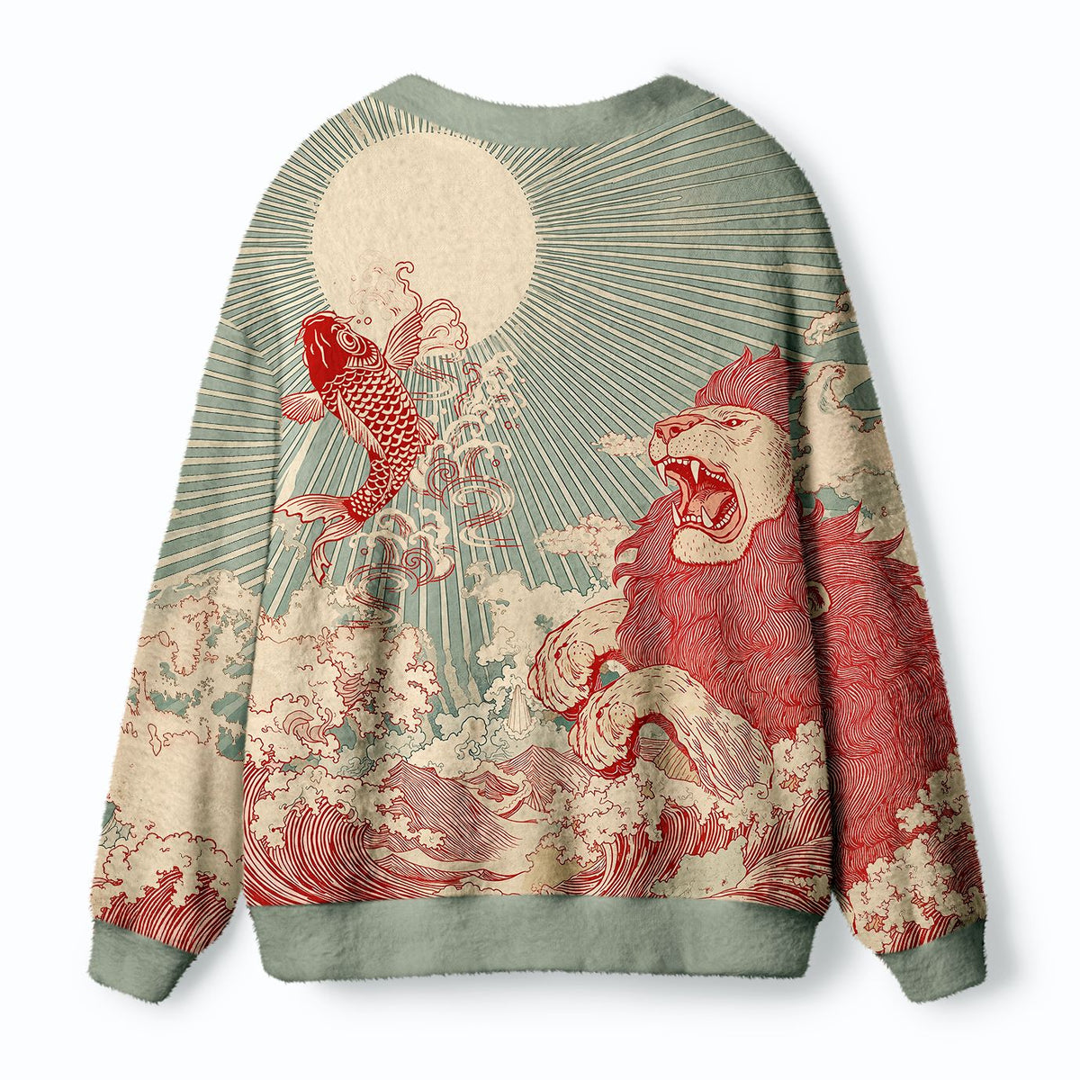 Kyoto-Lion Waves Of Lion And Koi Ugly Cardigan Sweater