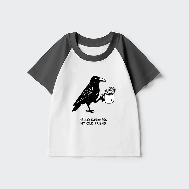 Kyoto-Lion Crow Drinking Black Coffee Funny Kids Raglan T-shirt