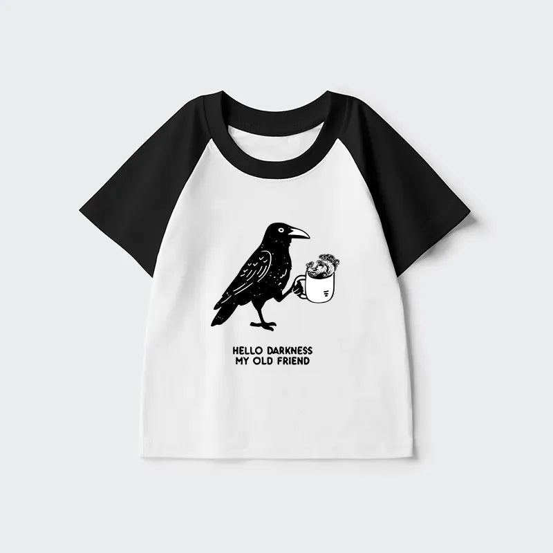 Kyoto-Lion Crow Drinking Black Coffee Funny Kids Raglan T-shirt