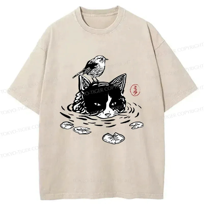 Japanese Cat Washed T-Shirt for Daily Wear