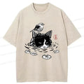 Japanese Cat Washed T-Shirt for Daily Wear