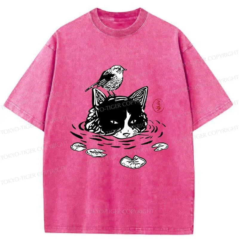 Kyoto-Lion Cat Taking A Bath Washed T-Shirt